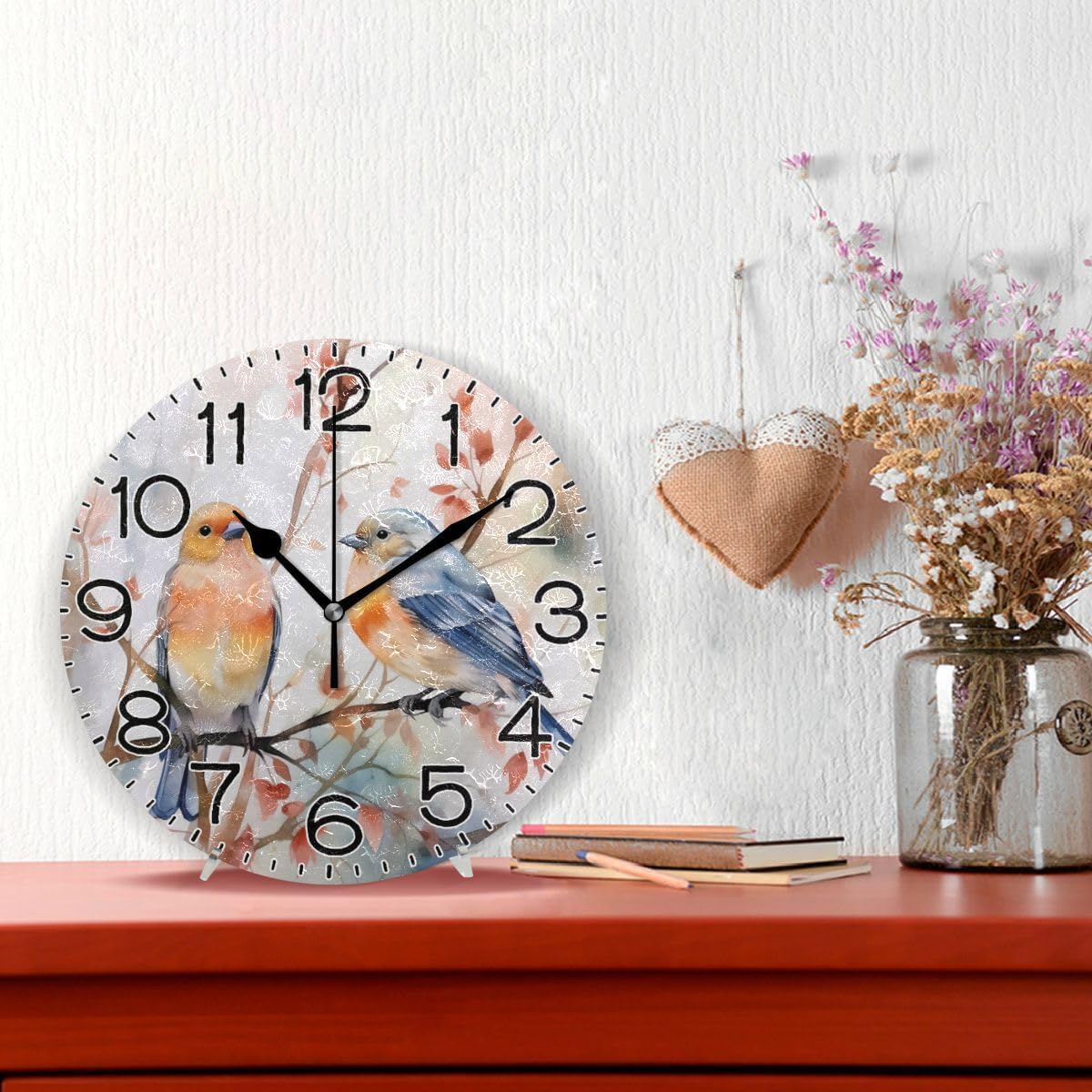 Birds on Branch Wall Clock Battery Operated Non Ticking Silent Quartz Analog Rustic Farmhouse Round Clock Retro Decor for Home Kitchen Living Room Bathroom