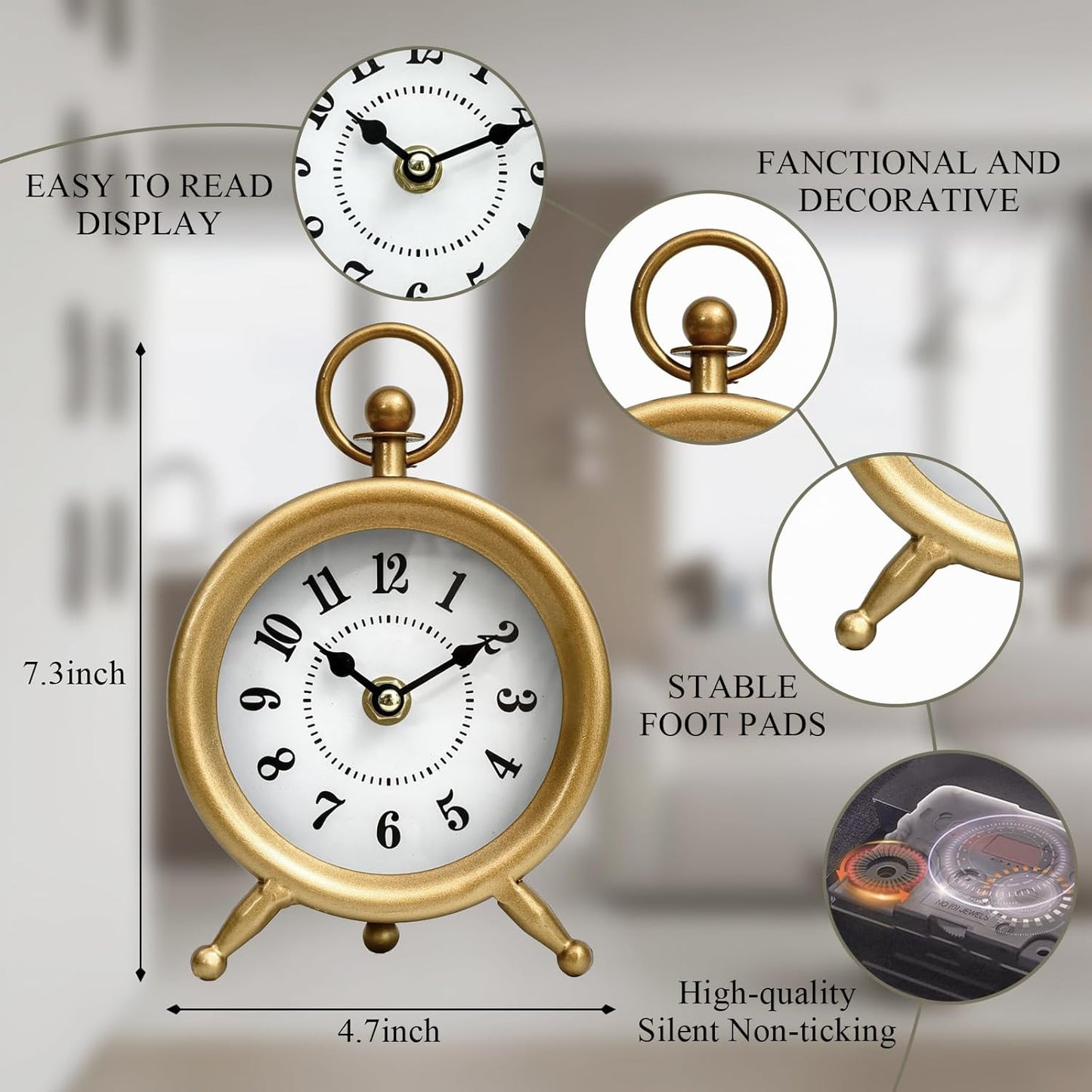 Small Gold Desk and Shelf Clock, 4.7*7.3 Inch Retro Elegant Tabletop Clock with Glass Cover, Silent Non-Ticking Battery Operated Decorative Clock for Living Room, Office, Bedroom, Gift Idea
