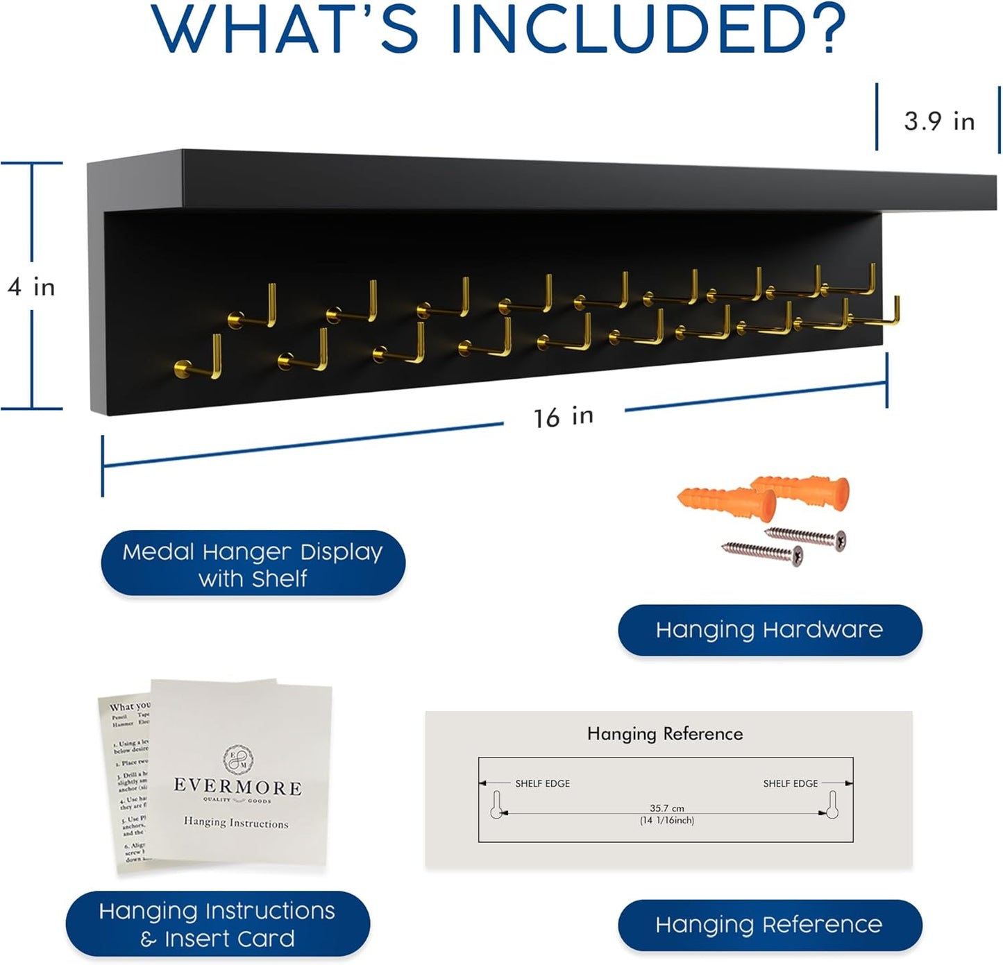 EVERMORE Medal Hanger Display and Trophy Shelf with Hooks - Wooden Medal Holder for Wall Mount Ribbon Display, Trophy Display Shelf for Gymnastics, Soccer, Running Race Medals Awards Rack