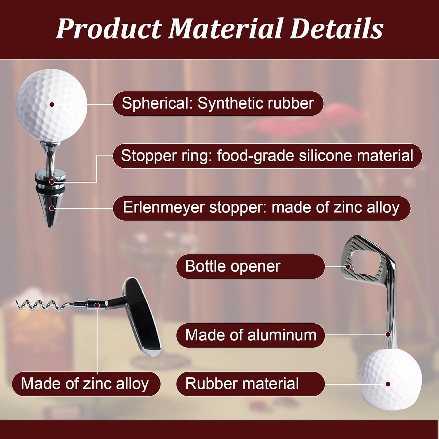 Golf Club Bottle Opener, Wine Opener & Stoppers Set Zinc Alloy Manual Wine Bottle Opener for Golf & Wine Lovers, Set of 3