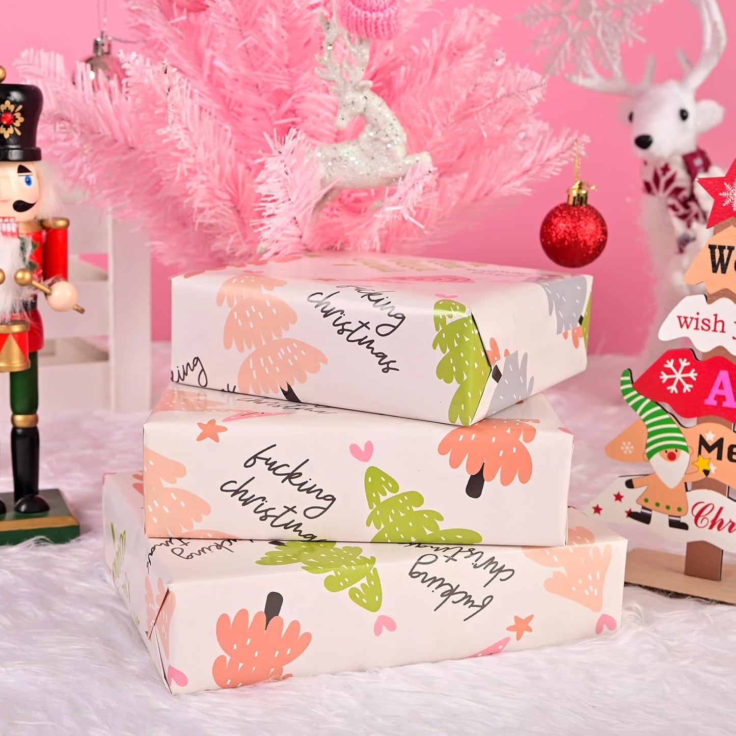 Dtiafu Funny Christmas Tree Wrapping Paper Fuxking Christmas Gift Wrap Paper Bulk Folded Flat Inappropriate Words for Women Men Adult Grandma Holiday Birthday (6 Pack)