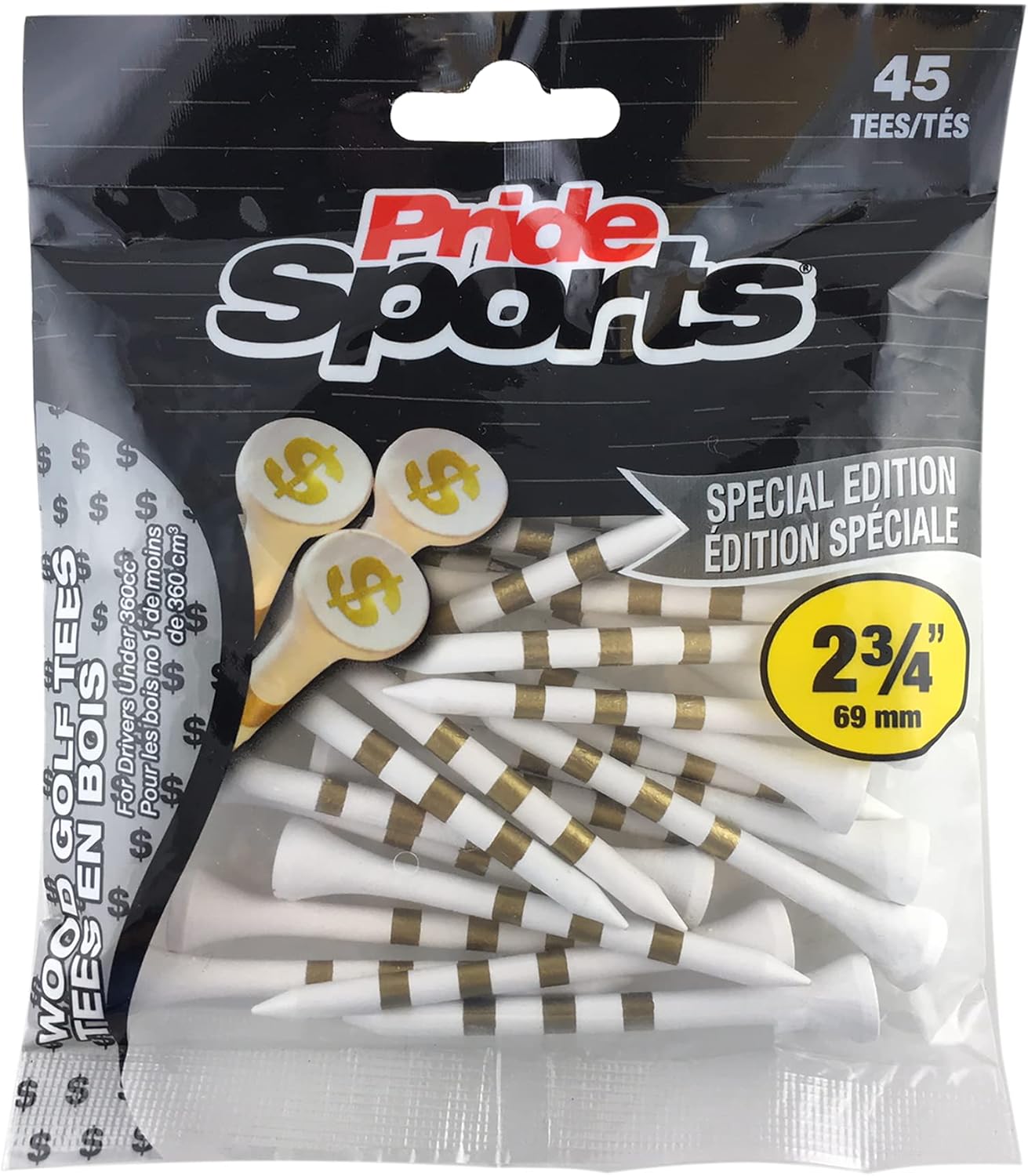 PrideSports 2-3/4" Pride Performance Wood Golf Tees - Special Edition Money - 45 Count - Designed for Less Friction and Longer Drives - Made in The USA