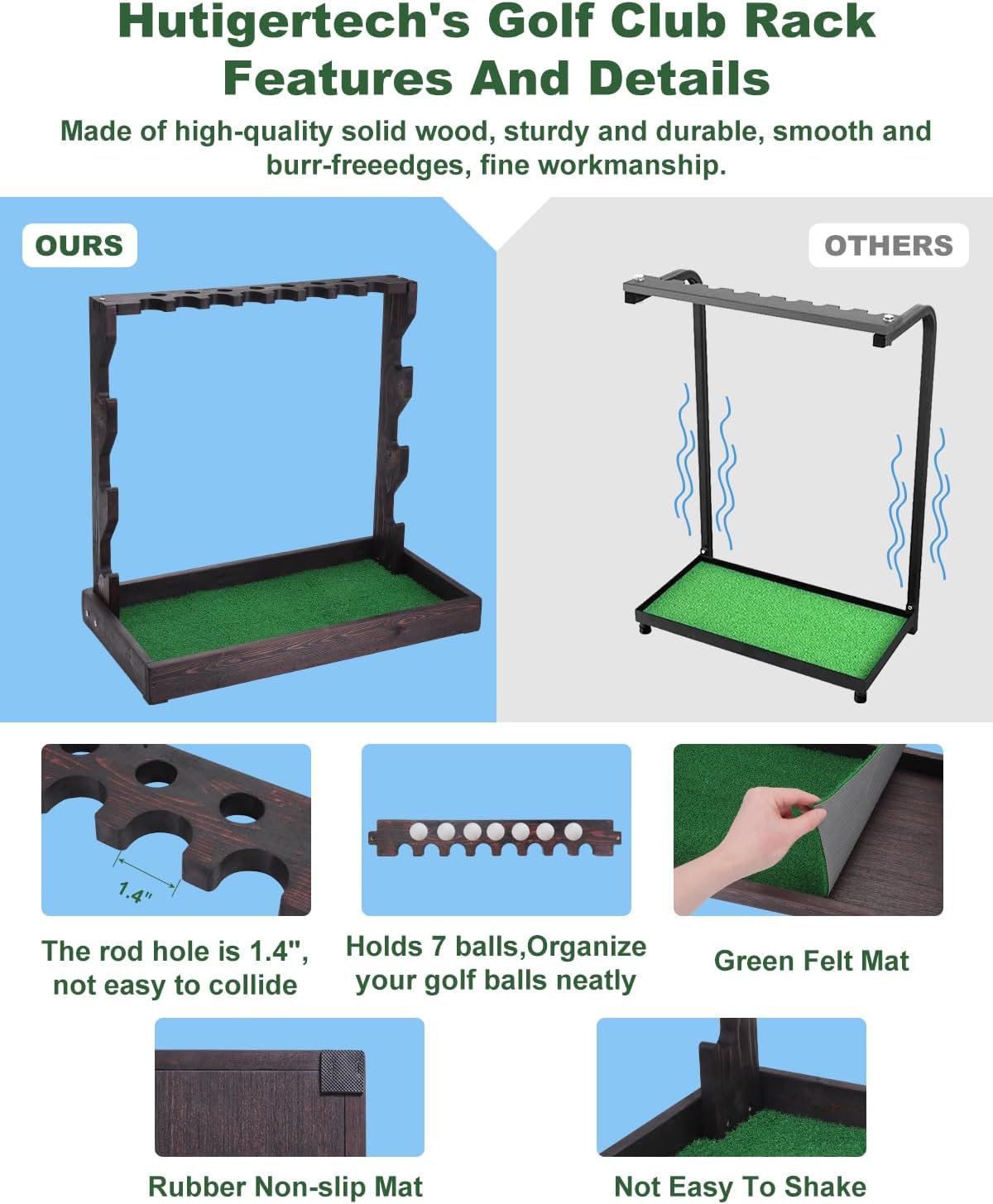 Golf Putter Stand, Wooden Golf Club Holder with Artificial Grass Mat, Holds 11 Clubs & 7 Golf Balls, Stand Floor Display Rack for Indoor Home Office Club Simulator