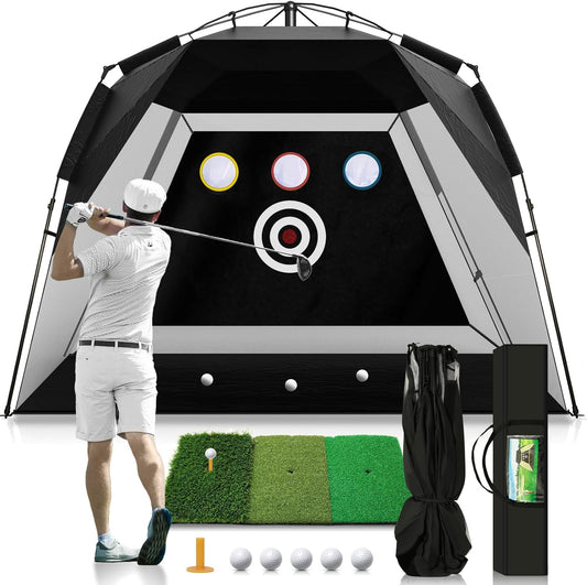 Easy POP UP Golf Net 10x7FT: No-Assembly Golf Hitting Net with Tri-Turf Mat - in Home Golf Practice Nets for Backyard Driving Chipping Swing Training with Travel Bag - Gifts for Men Teenagers Golfers