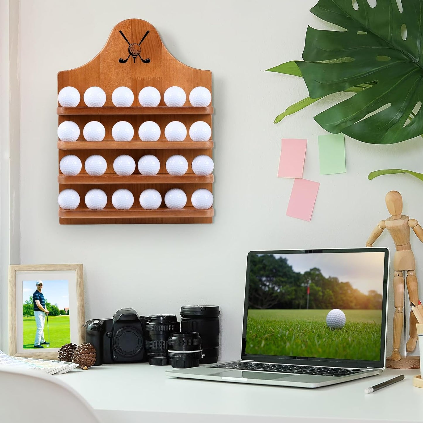 Marsui Wooden Golf Ball Display Case 24 Balls Wall Mounted Golf Ball Display Holder Father's Day Collection Gifts for Golf Ball Enthusiasts Dad, 15. 8 x 11. 8 Inch