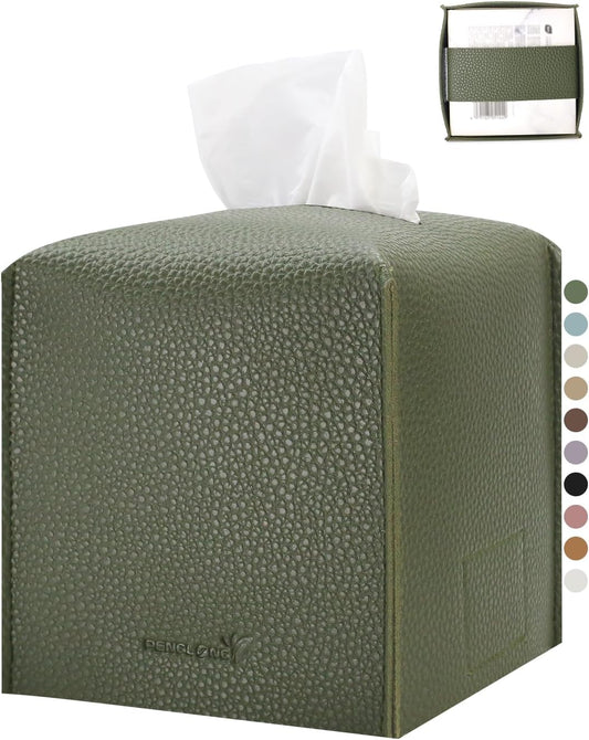 Tissue Box Cover 5X5X5'' PU Leather Tissue Holder Square Tissue Cube Box Organizer for Bathroom Vanity Countertop, Car, Night Stands, Office, Home, Kitchen (1Pack, Dark Green)