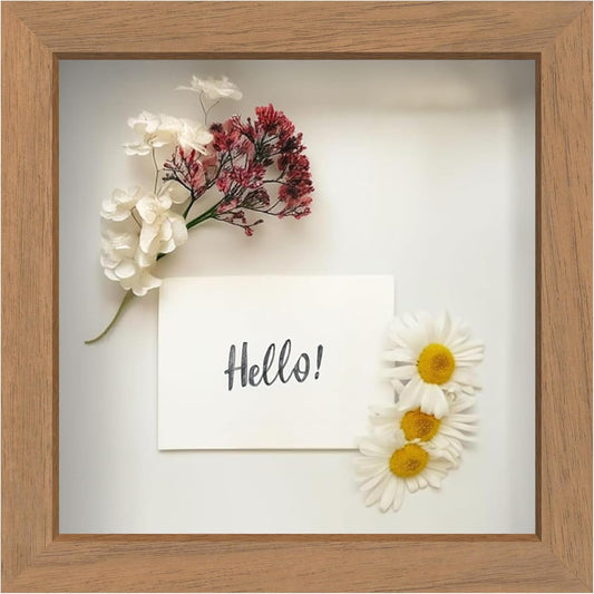 FrameWorks 8” x 8” Golden Oak Wooden Shadow Box Frame – Display Case with Soft Felt Back, Memory Box with Tempered Glass, Display Box with Elegant White Ball Push Pins, Wooden Flower Box