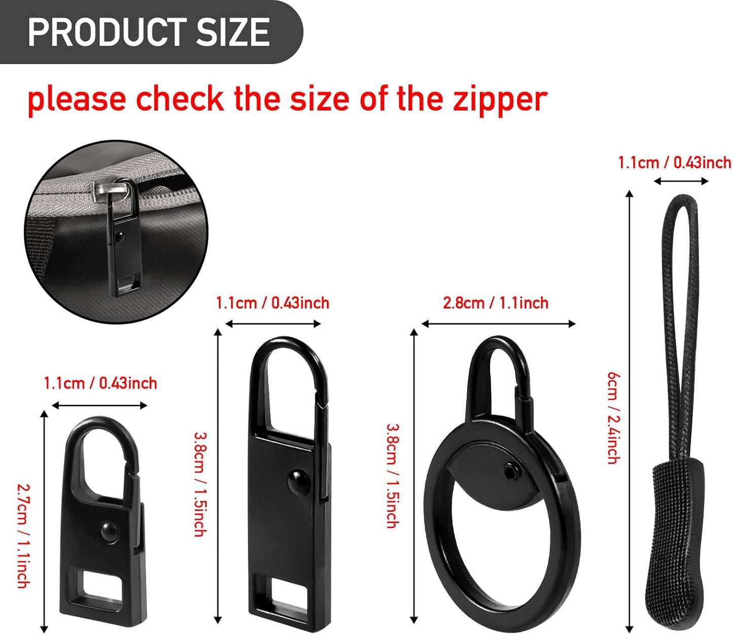 16 PCS Zipper Pull Tab Replacement Metal Handle Fixer，Zipper Tag Cord Pull Extension for Backpack Jacket Handbag