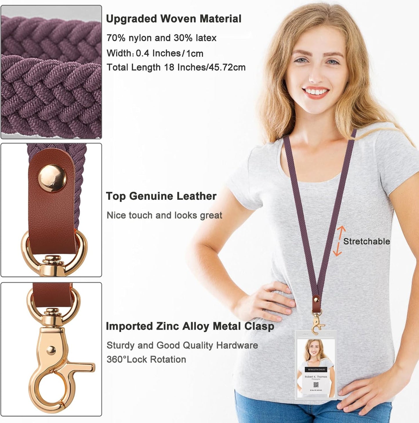 Fishent Stretchy Thin Lanyards for Keys ID Badges, Cute Long Teacher Neck Key Lanyard Keychains for Women Men Wallet Phone(Smoky Violet)