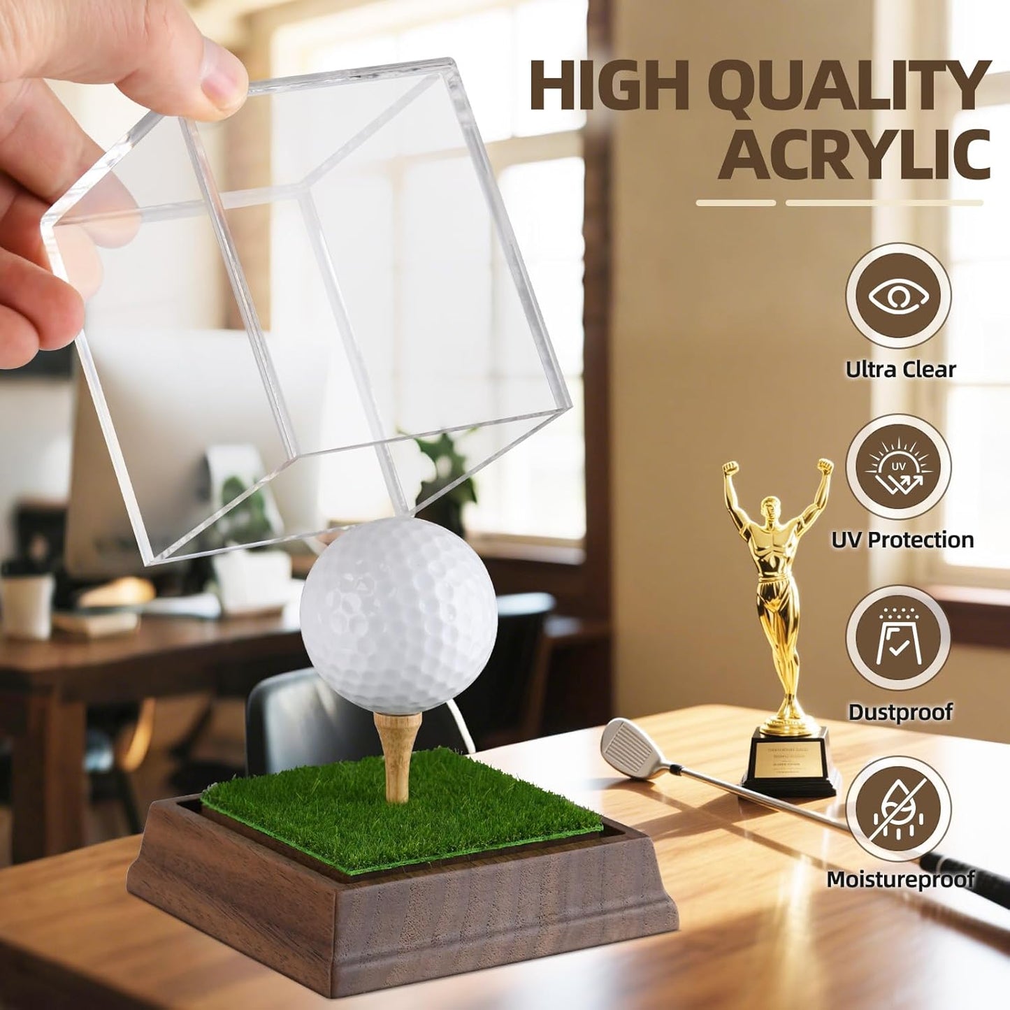 Golf Ball Display Case Hole in One Golf Ball Display Case Walnut Wood Base Acrylic Golf Ball Holder Display Uv Protection Golfball Stand,Golf Office Decor Gifts for Men