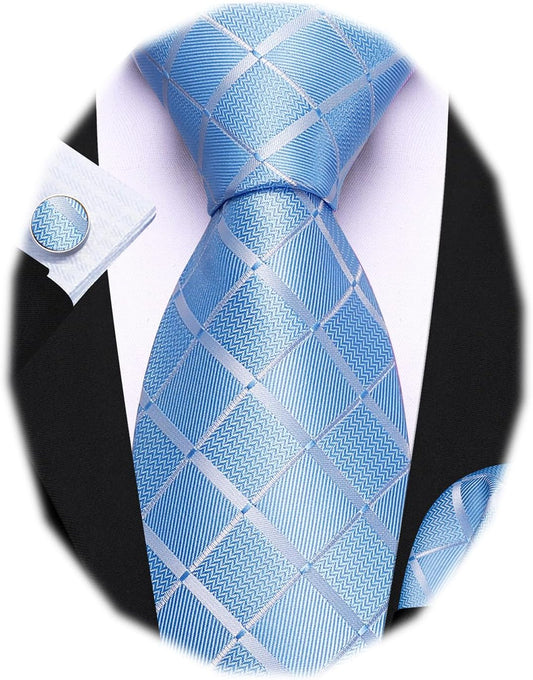 Barry.Wang Designer Classic Ties for Men Set Formal Pocket Square Cufflink Check Plaid