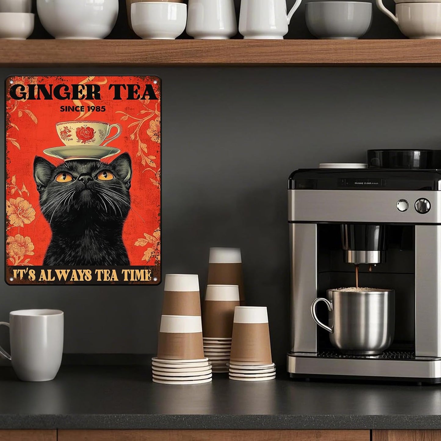 Funny Black Cat Tin Sign Ginger Tea It'S Always Tea Time Metal Sign Wall Decor For Home Cafe Bar Kitchen Poster 12x16 Inch