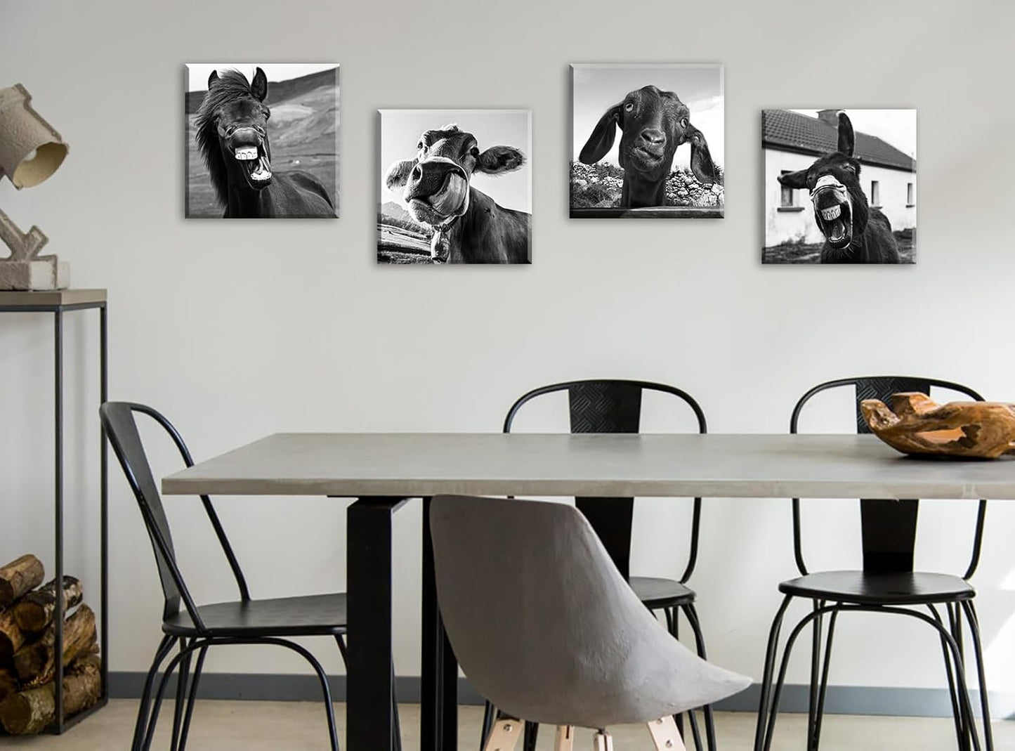 Black and White Wall Art Animal Wall Decor Horse Donkey Sheep Cow Canvas Pictures Prints Funny Decor Posters for Mens Bedroom Office Farmhouse Decoration Stretched Framed Ready to Hang 12×12 inch×4