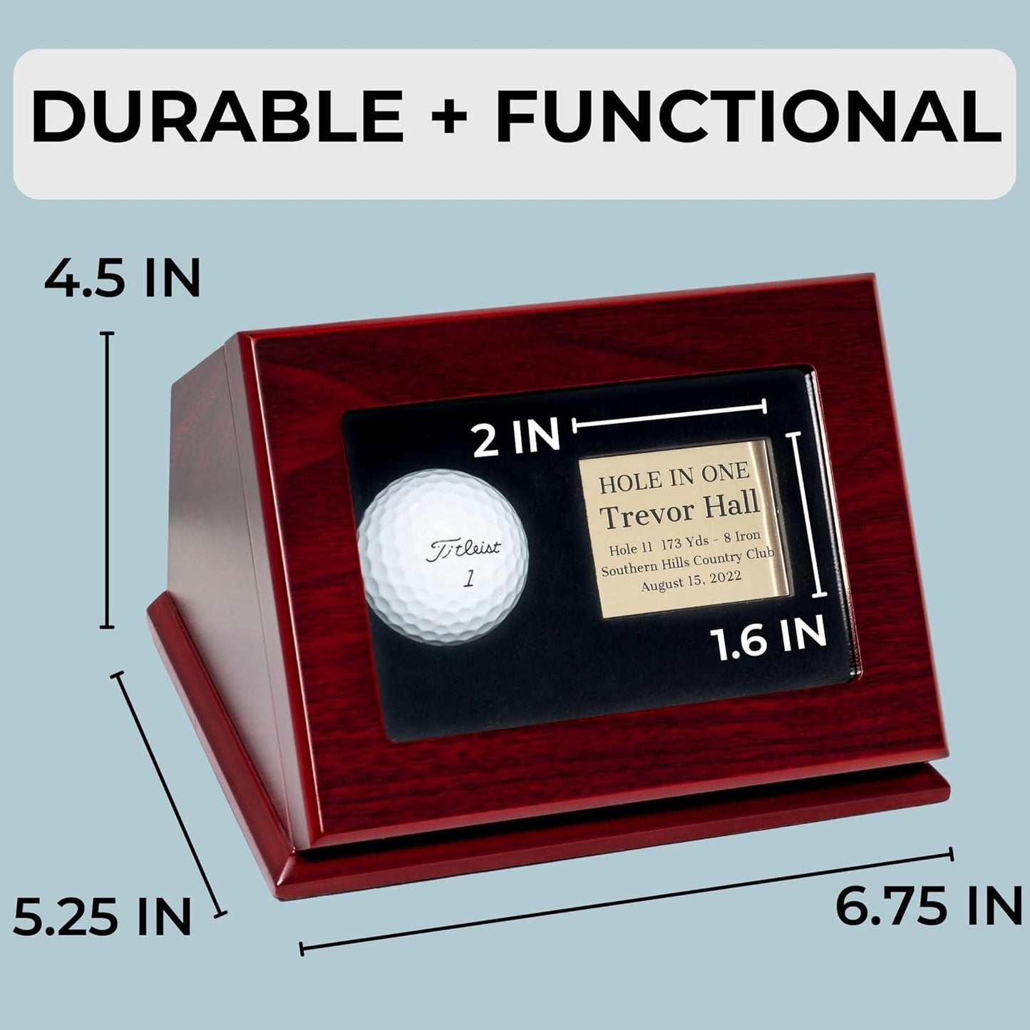 Hole-in-One Wooden Golf Ball Display Case with Custom Engraved Gold Plate - Polished Rose Wood Box with Transparent Window - Dust Protection for Golf Ball Memorabilia with Personalization