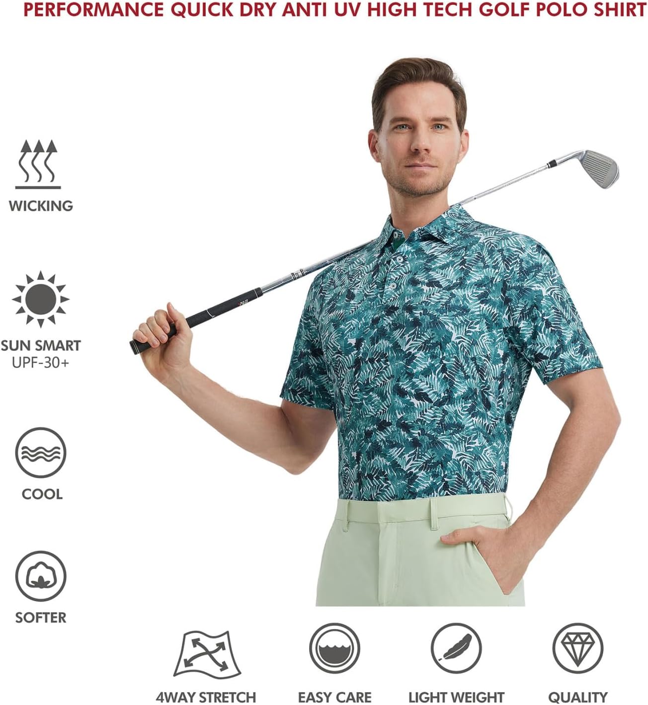 Golf Shirts for Men Dry Fit Short Sleeve Print Performance Moisture Wicking Polo Shirt