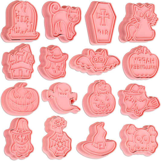 16 Pcs Halloween Cookie Cutters, 3D Cookie Cutter with Plunger Stamp, Halloween Cookie Molds -Ghost, Bat, Pumpkin, Cat, Castle,Tombstone, Witch, Spider, Skull, Etc.