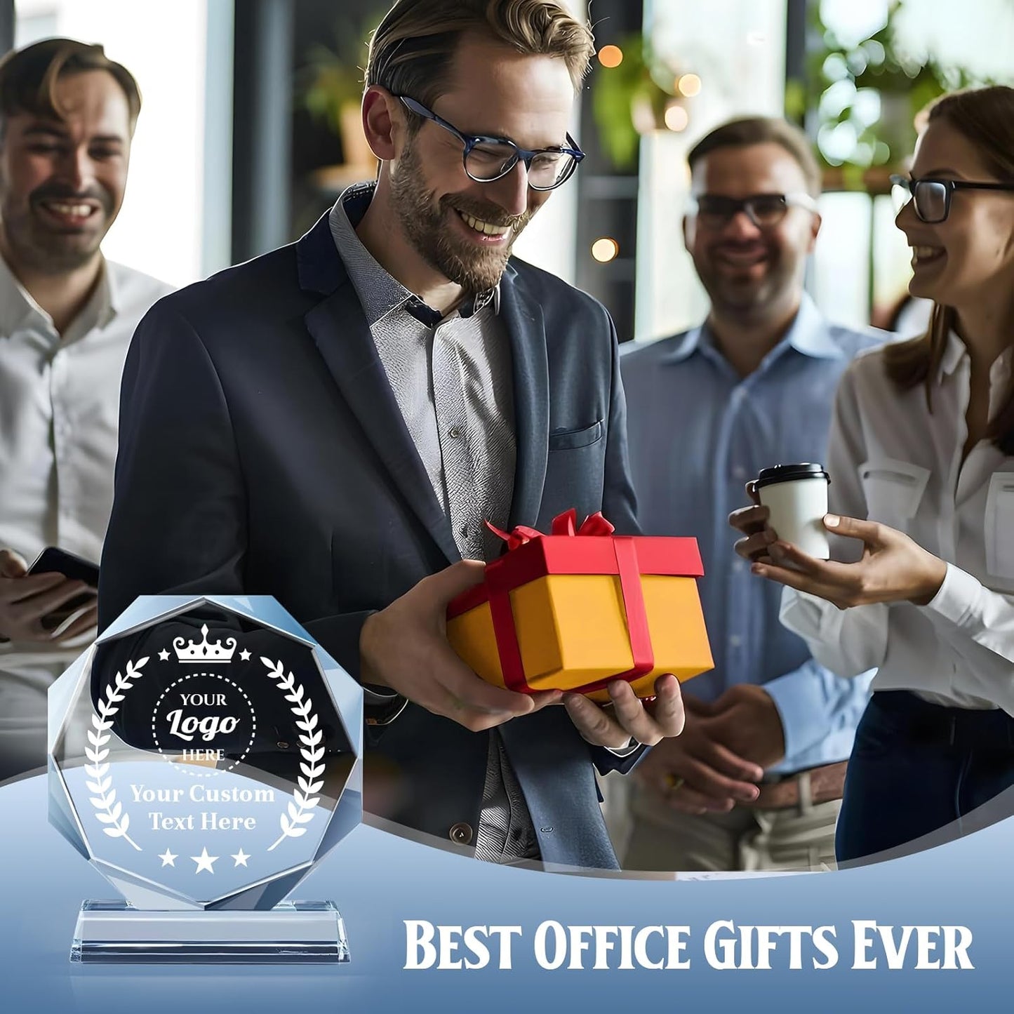 Personalized Crystal Trophy Award - Custom Plaque w/Engraved Text Logo - Employee Appreciation Gifts, Farewell Retirement Gifts - Custom Trophy and Employee Recognition Awards