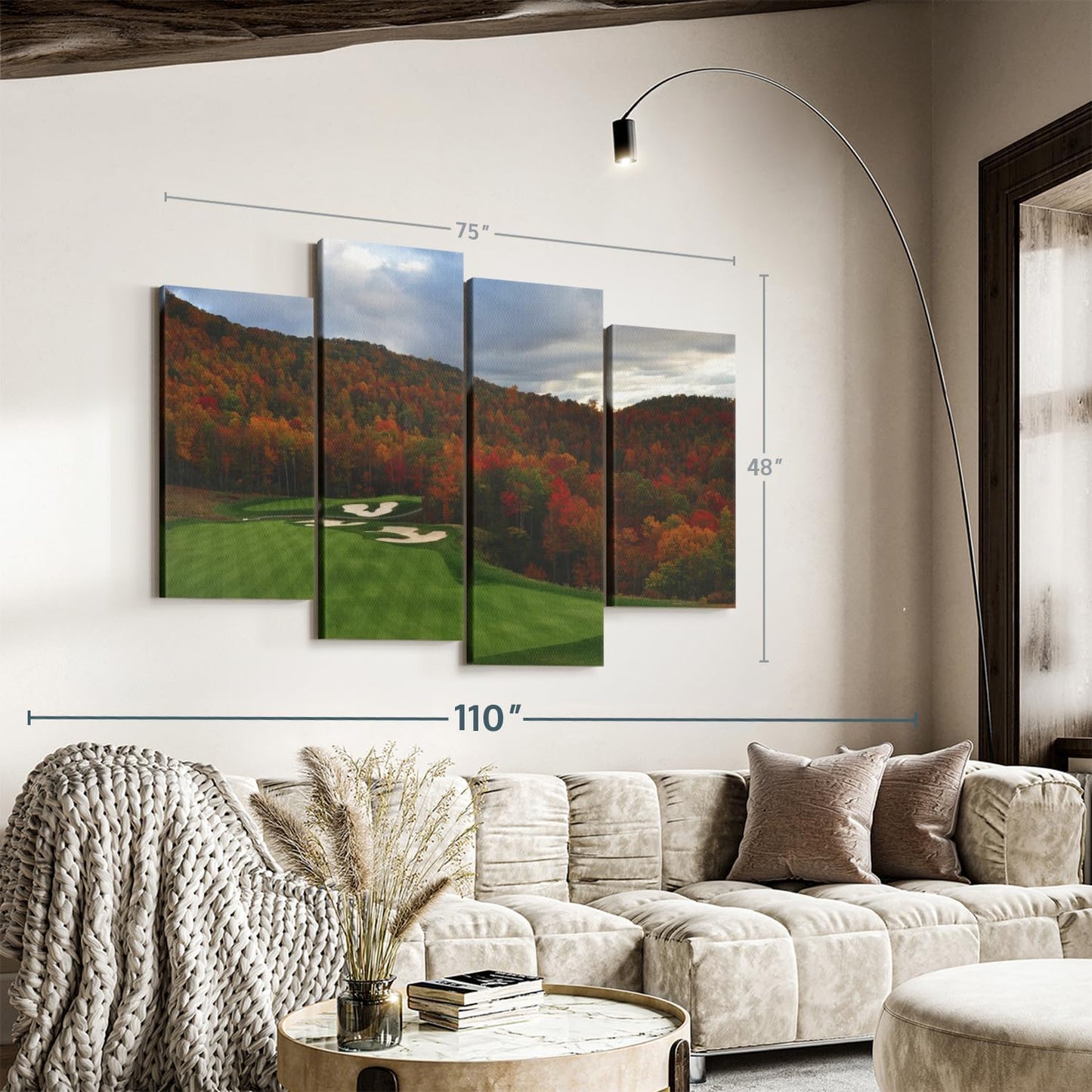 Elephant Stock Autumn Golf Course Wall Art - Horizontal Canvas - 4-Piece Living Room Wall Decor - Photography Sports Canvas Print - Blue and Orange Decor for Wall - 75" X 48"