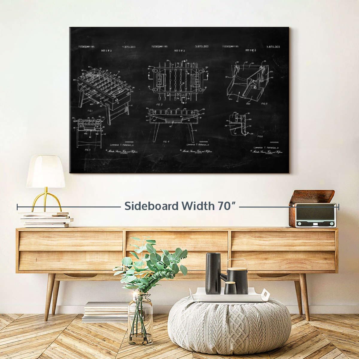 ElephantStock Soccer Table BW Patent Wall Art - Horizontal Wrapped Canvas - 1-Piece Living Room Wall Decor - Soccer Digital Art Canvas Print - Black and White Decor - 51" X 34"