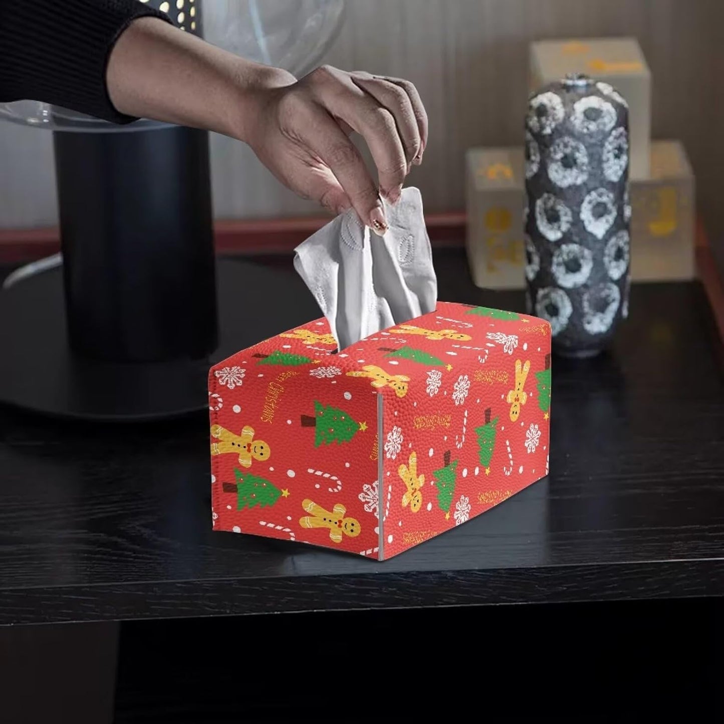 Christmas Tissue Box Cover Rectangle Cute Bear Tissue Box Cover Snowflake Print PU Leather Tissue Box Holder Easy to Clean for Car Bedroom Office