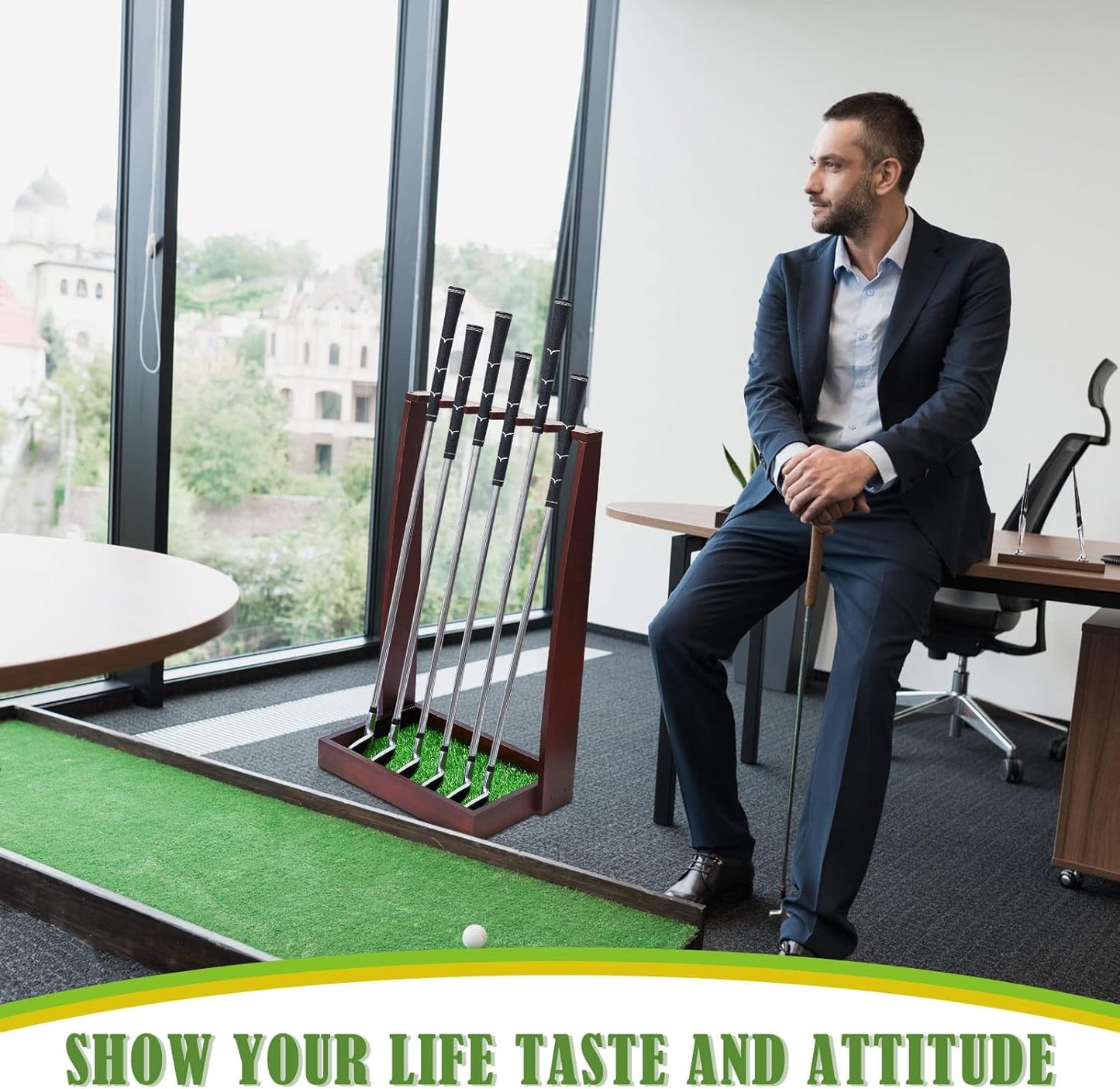 Lenwen Wooden Golf Putter Stand Golf Club Holder Stand Wooden Display Rack Floor Display Rack Club Organizer for Storage Sports Indoor Home Office Simulator Garage