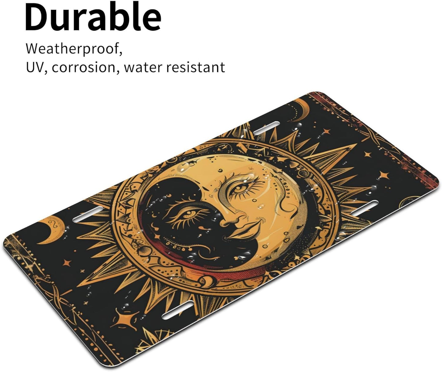 Front License Plate for Car Designs Ethnic Retro Sun Moon Stainless License Plate Cover Holder for Men Women Metal Aluminum Decorative Accessory Vanity Tag Standard 6 X 12 Inch (4 Holes)