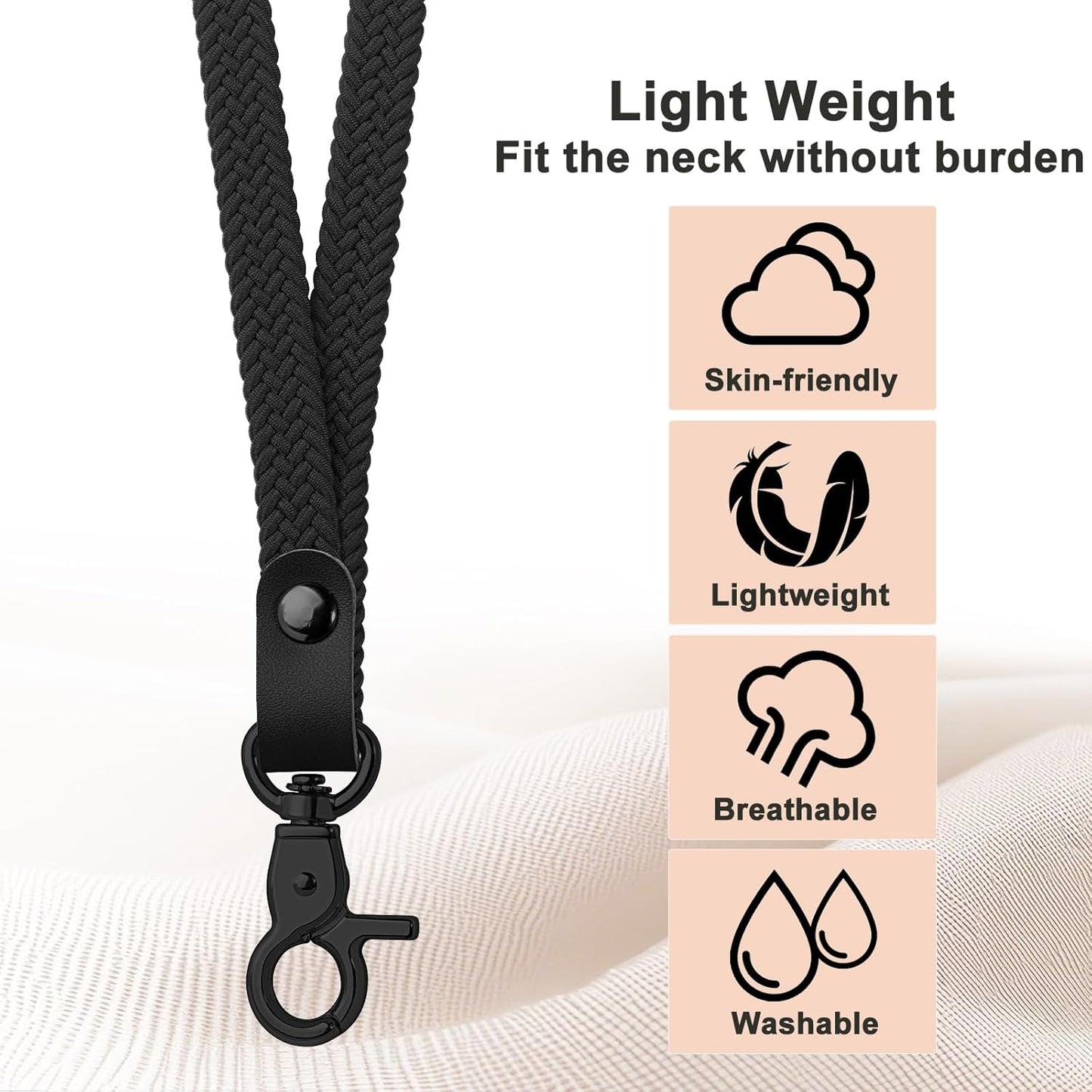 Fishent Stretchy Thin Lanyards for Keys ID Badges, Cute Long Teacher Neck Key Lanyard Keychains for Women Men Wallet Phone(Black)