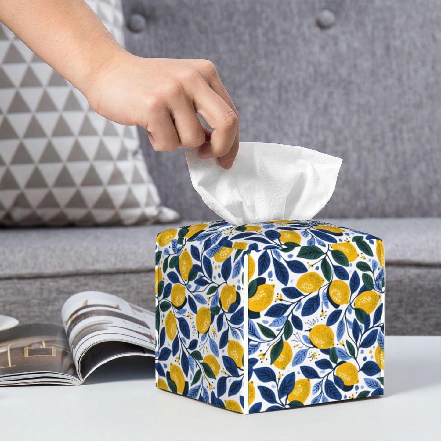 Tissue Box Cover Summer Lemon Leaves Square PU Leather Tissue Box Holder for Car Bathroom Bedroom Desk Tabletop Decor