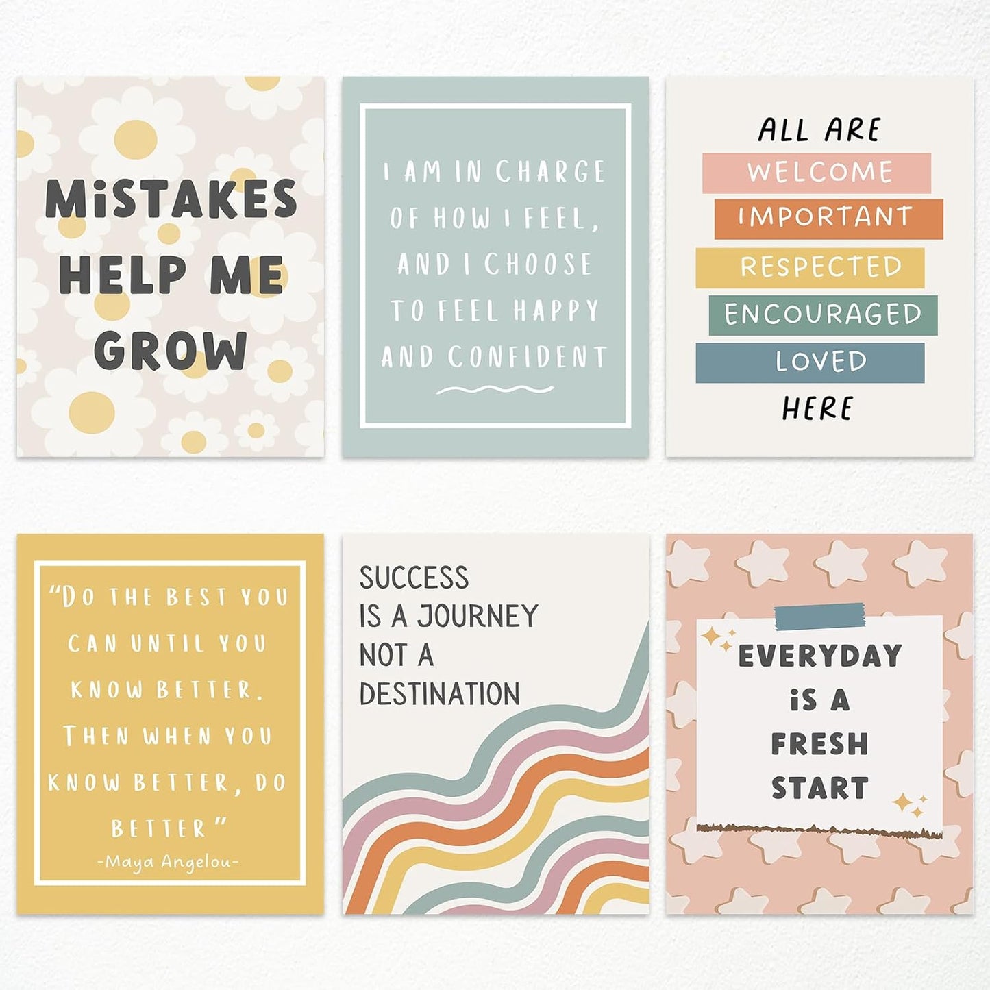 Set of 6 Boho Inspirational Classroom Posters, Positive Affirmations Growth Mindset Canvas Wall Art, Modern Classroom School Posters Wall Decor, Bulletin Board Educational Decor 8x10in Unframed