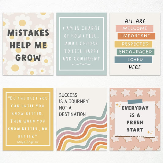 Set of 6 Boho Inspirational Classroom Posters, Positive Affirmations Growth Mindset Canvas Wall Art, Modern Classroom School Posters Wall Decor, Bulletin Board Educational Decor 8x10in Unframed