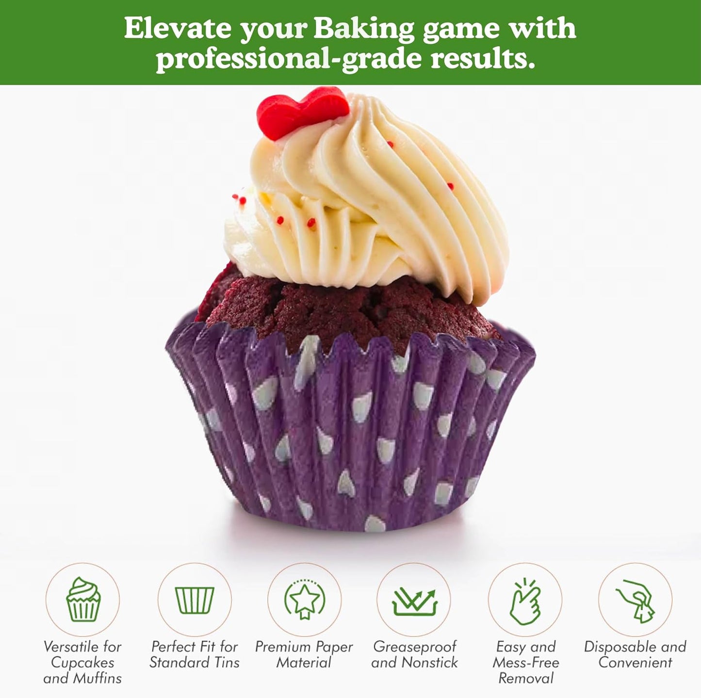 Regency Wraps Greaseproof Professional Grade Baking Cups, Pack of 40, Standard Liners, Purple Polka Dot, for Cupcakes, Muffins, Candy, Non Stick