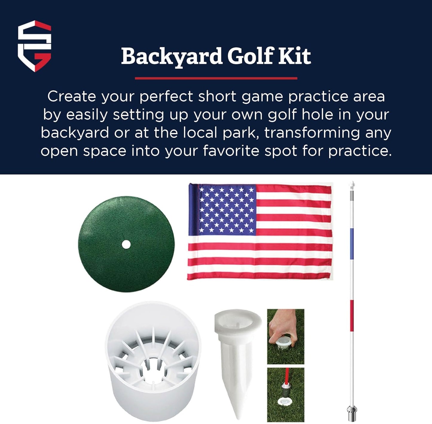 Standard Golf Regulation flagstick, cup & pin flag to use in your backyard or other open space for practice. Use the same products as used by golf courses all over the world and on tour.