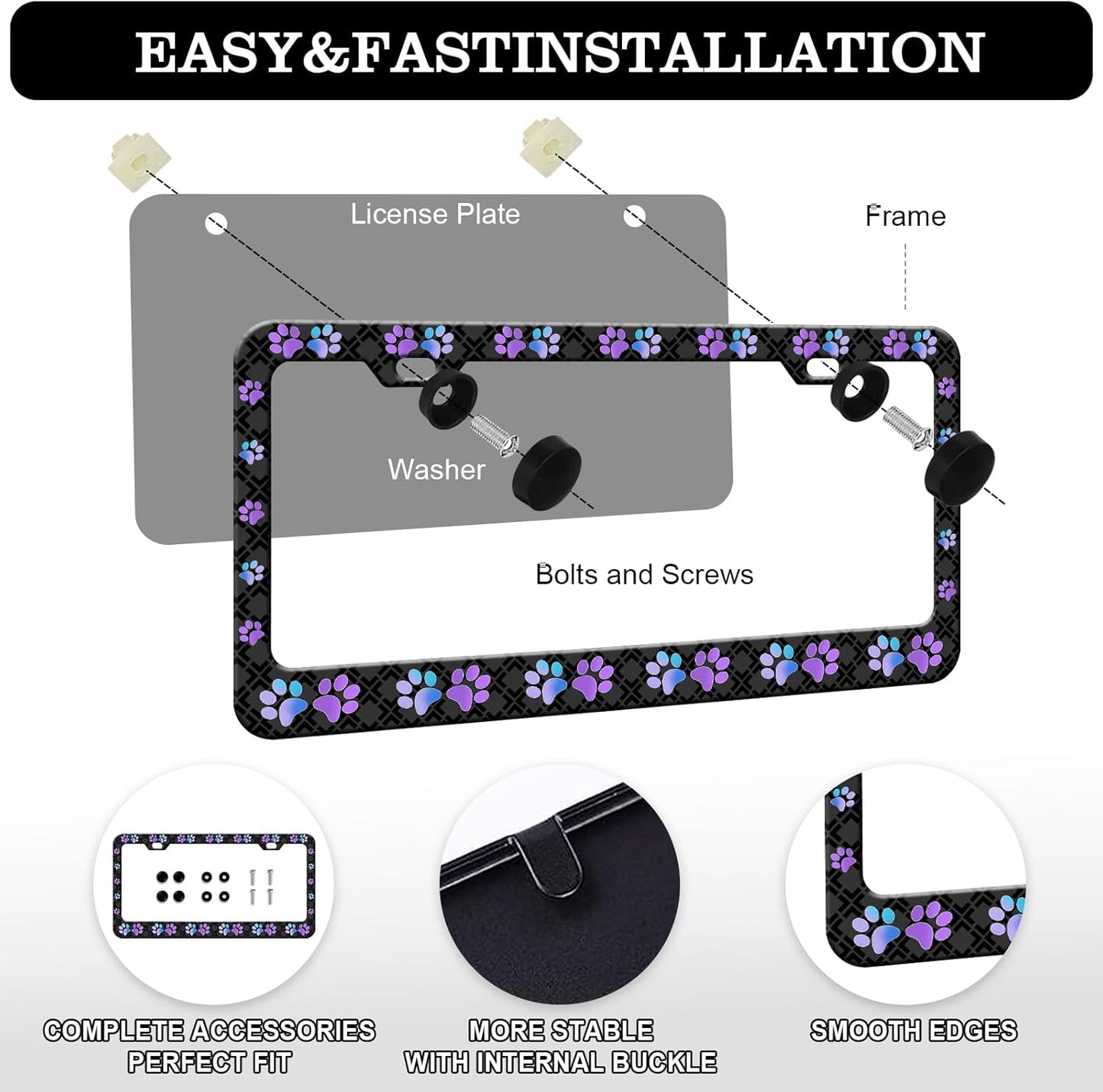 Purple Dog Paw Print License Plate Frames for Women- 2 Pack Front Rear Cute License Plates Holder Covers, Aluminum Metal Rust-Proof Waterproof Car Tag Frame with Screws Fasteners Caps