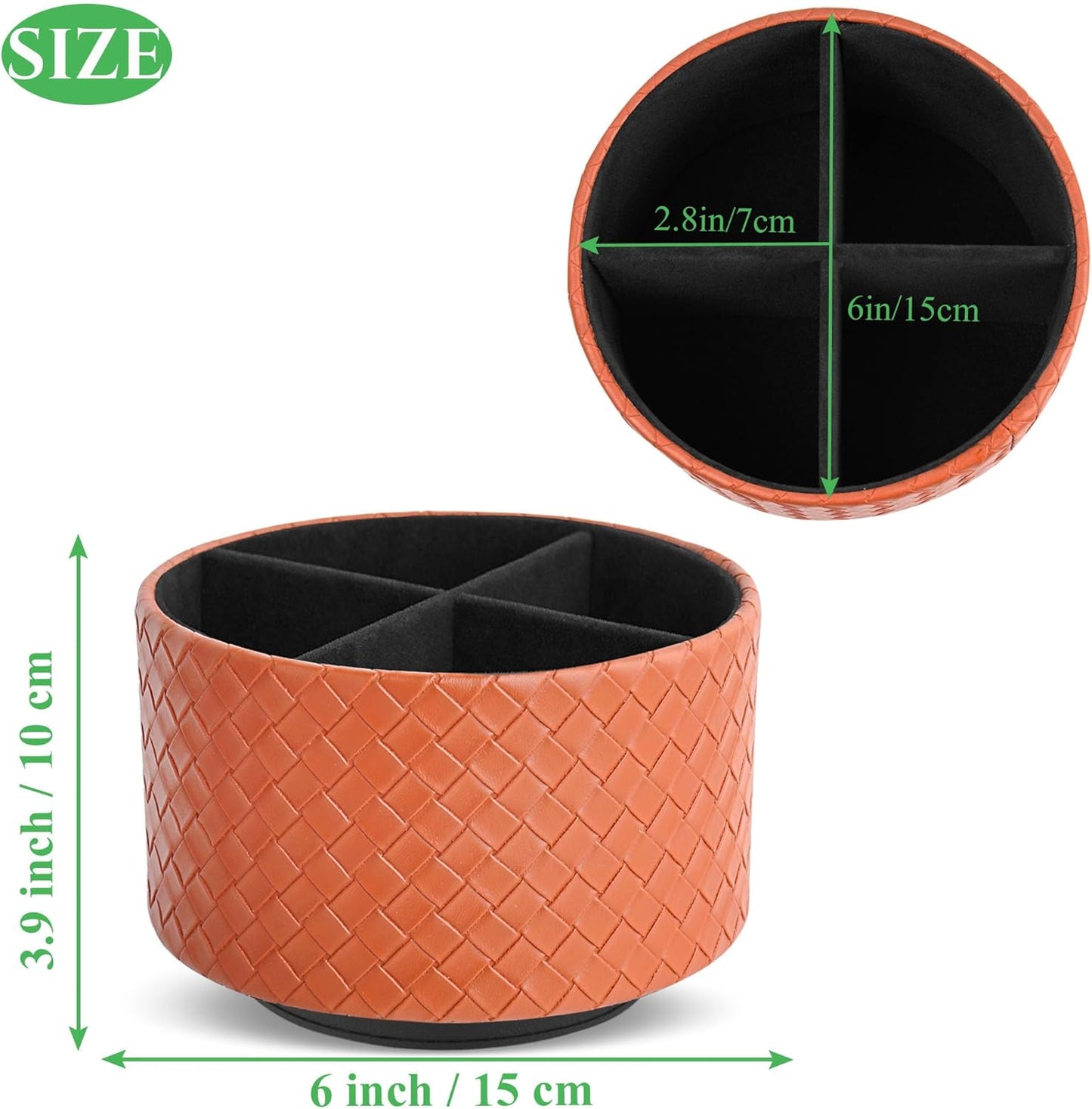 Hennaja Round Leather Art Supply Organizer,Remote Control Holder,360 Degree Spinning,Multi-Functional Pencil Holder,4 Compartments Desktop Stationary Organizer(1-Weave Brown)