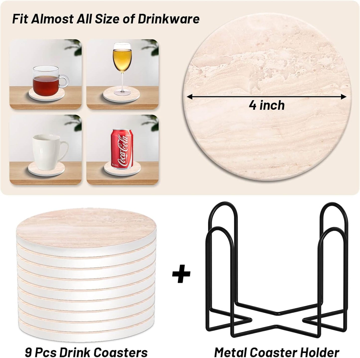 9 Pieces Ceramic Coasters for Coffee Table Absorbent, Billbotk Drink Coasters with Holder, Marble Style Coasters for Wooden Table, Home Decor, Suitable for Kinds of Cups, 4 Inches