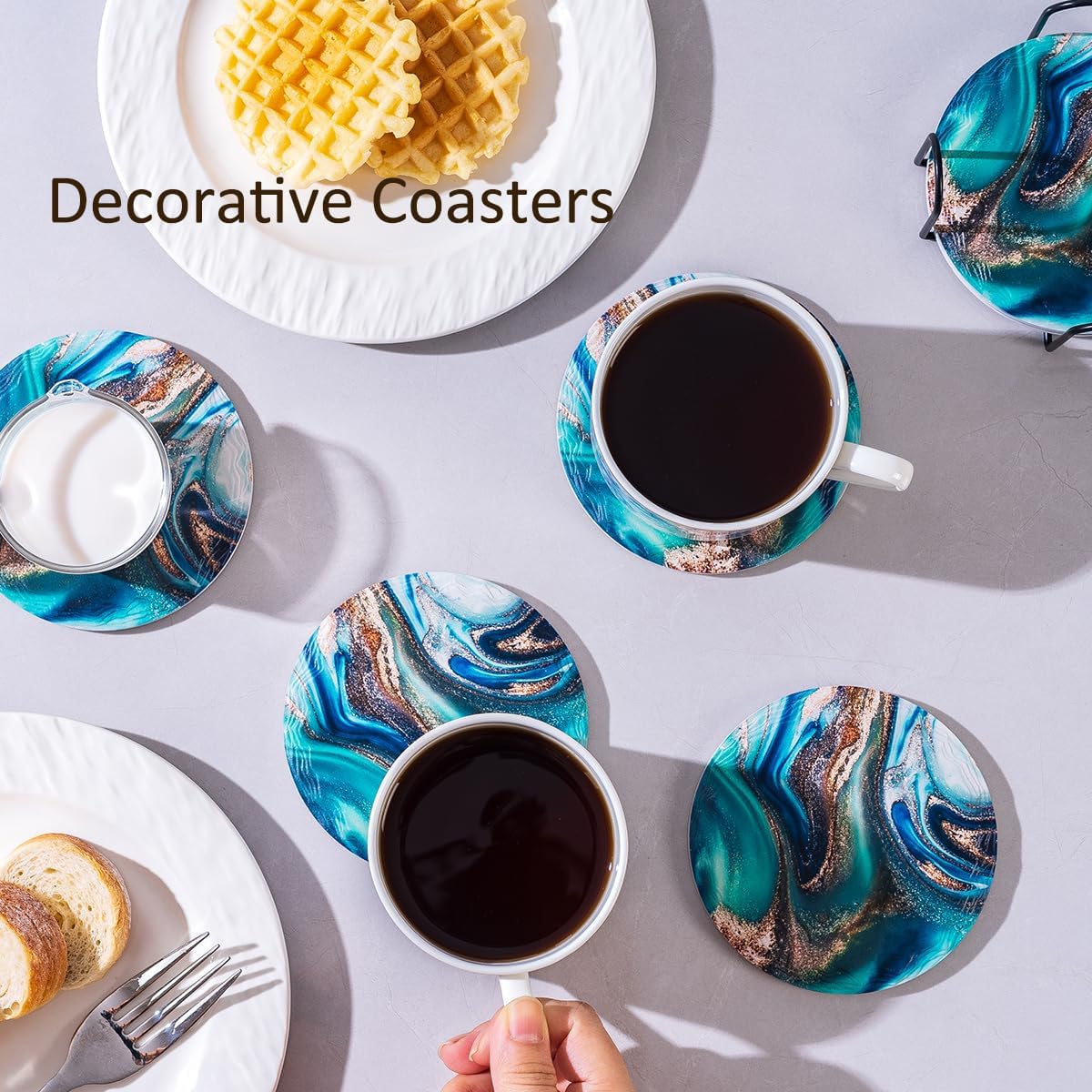 Blue Marble Coasters with Holder Set of 6, Absorbent Ceramic Coasters for Drinks, Coasters with Cork Backing for Table Protection, Housewarming Christmas Birthday Gifts 4 inches