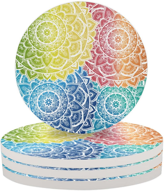 Ceramic Coasters for Drinks with Cork Back,Colorful Mandala Harmony 4 Inch Absorbent Coaster Set 4 Pack, Quick Dry Non-Slip Coaster Mats for Home, Office, Bar