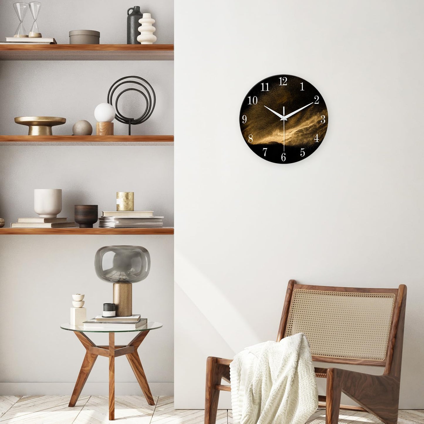 Black and Glod Wall Clocks for Living Room Decor Glass Wall Clock Battery Operated 16 Inch Silent Wall Clock Non Ticking