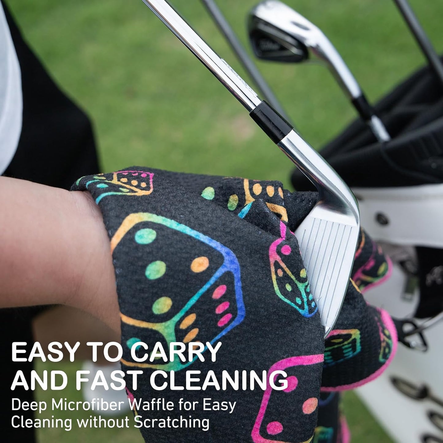 Magnetic Golf Towel for Men Women Golfer - Microfiber Golf Towel Magnet with Waffle Texture - Strengthen Magnet Golf Towels for Strong Hold to Metal Objects (Black Rainbow Color)