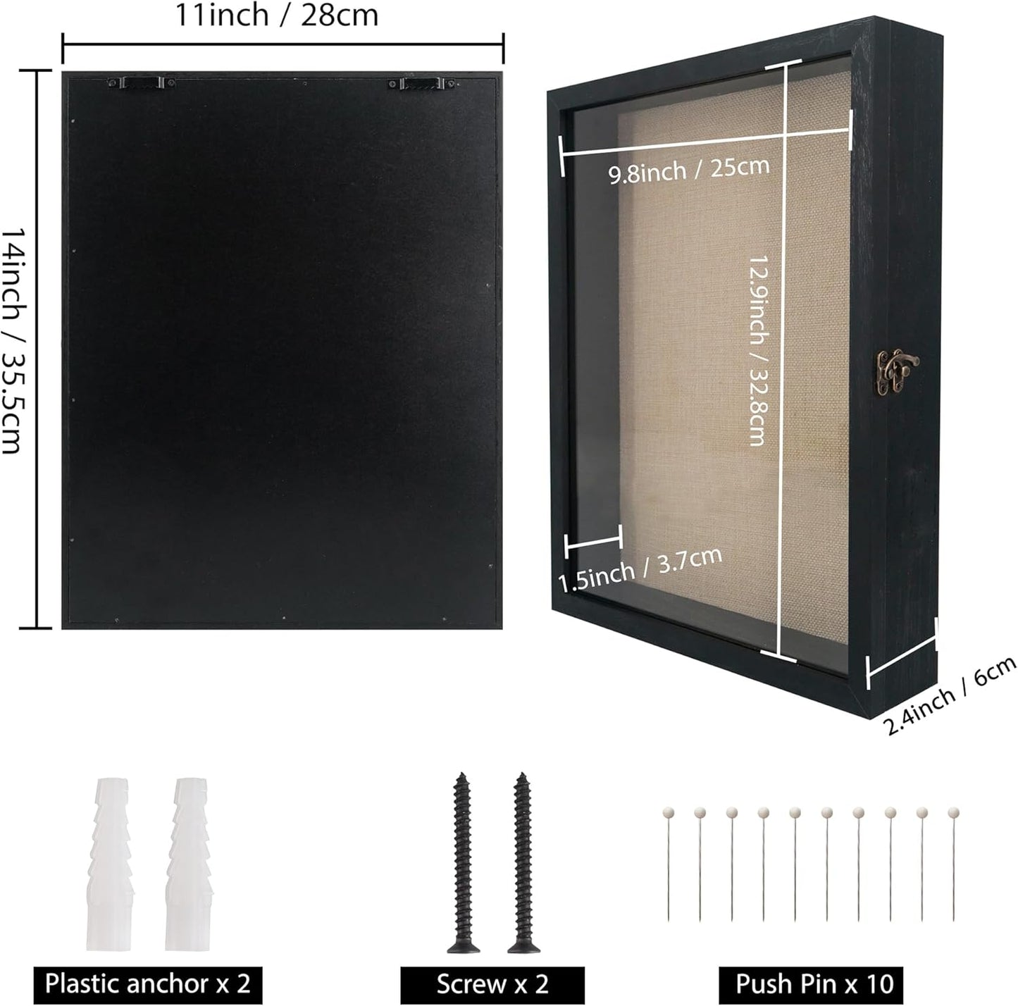 GraduatePro Shadow Box Frame 11x14 Display Case with Linen Back, Real Glass Window Door with Hinge, Picture Frame Wedding Bouquet Memorabilia Medals Photos Memory Box for Keepsakes, Rustic Black