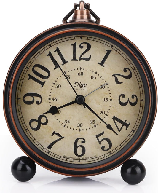 5.5 inch Black European Style Retro Silent Desk Alarm Clock Non-Ticking Whisper Battery Operated, HD Glass Face, Easy to Read for Indoor Decor