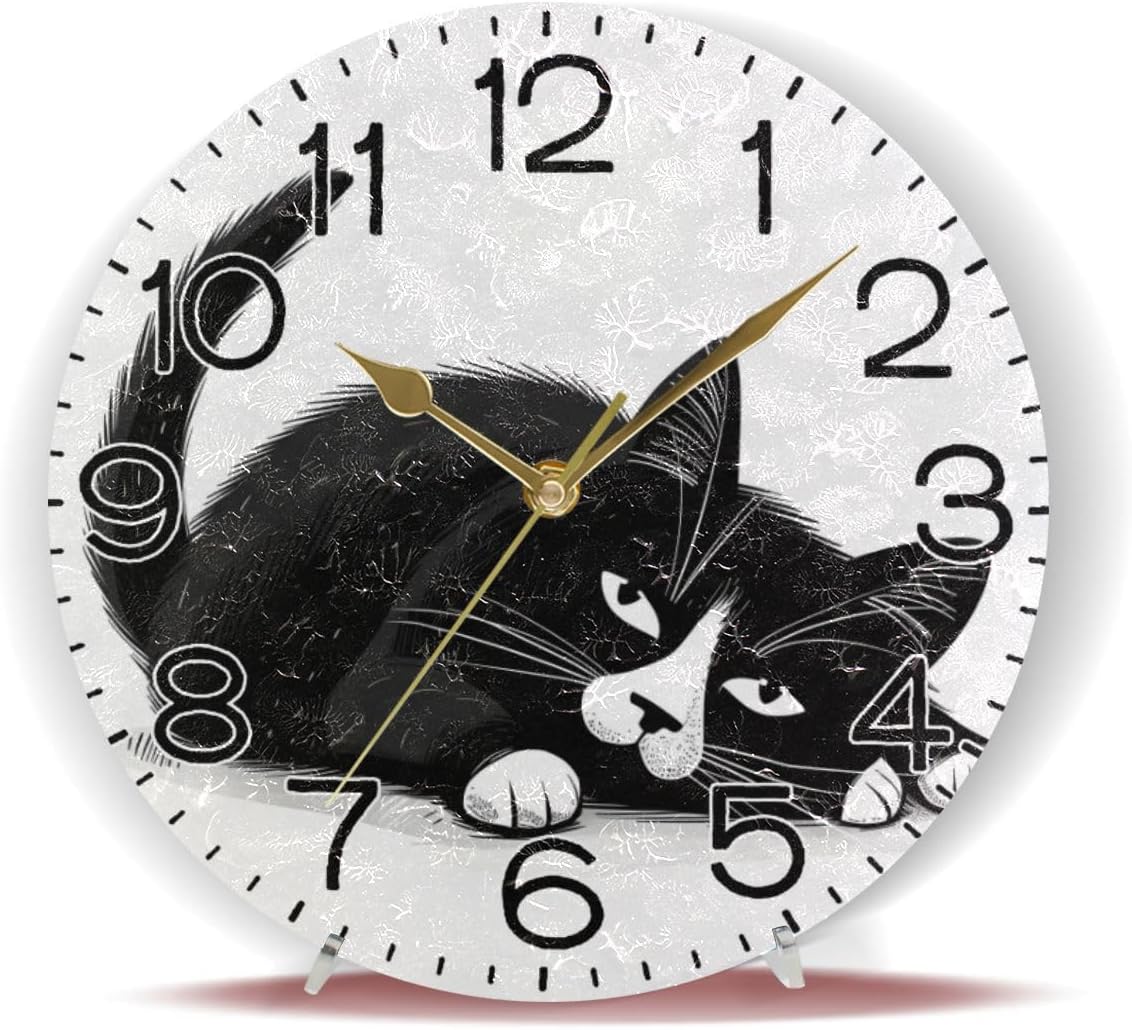 A Black Cat Wall Clock Battery Operated Non Ticking Silent Quartz Analog Rustic Farmhouse Round Clock Retro Decor for Home Kitchen Living Room Bathroom