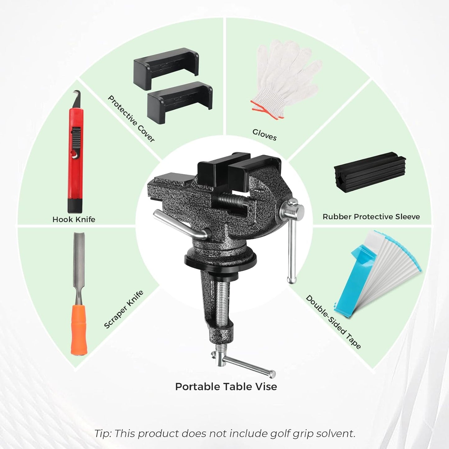 Golf Club Grip Vise Clamp Kit for Regripping, Removal & Replacement with 360-Degree Rotation Table Vise, 15 Double-Sided Tapes, Hook Knife, Scraper Knife, Gloves (No Solvent)