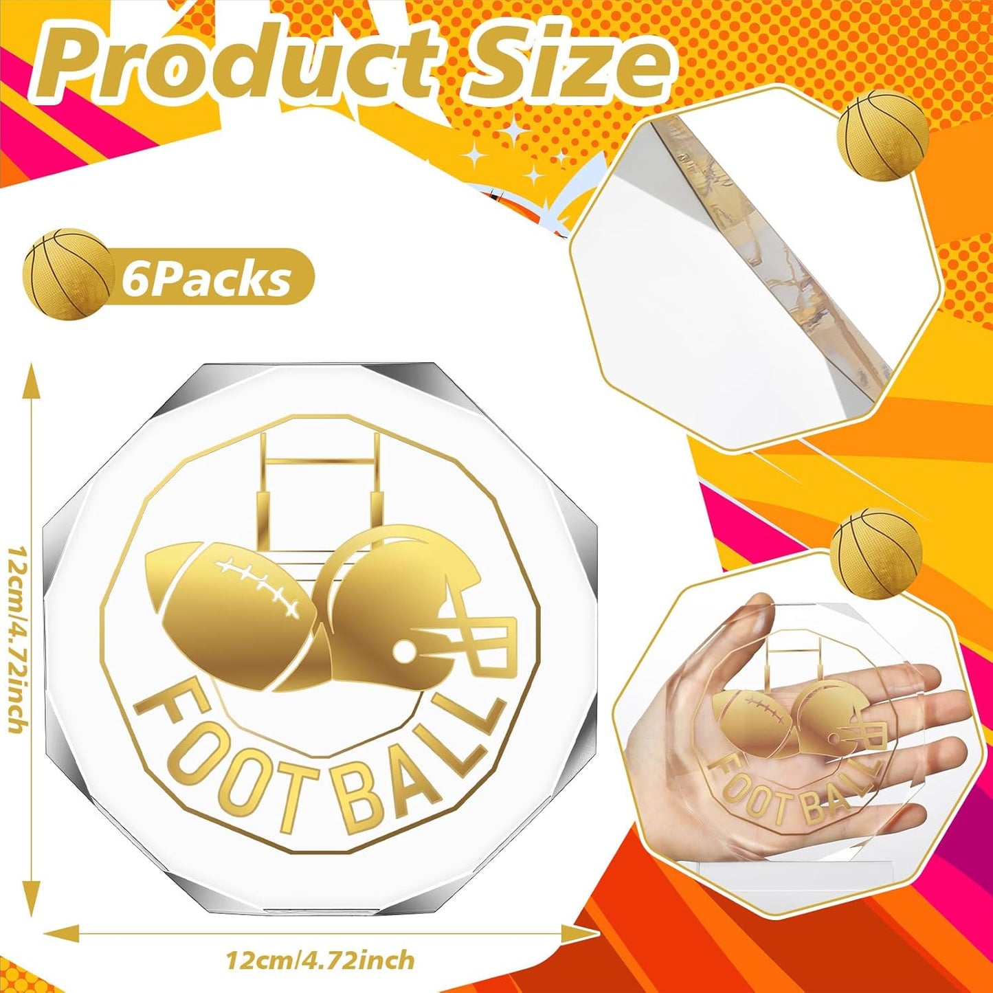 6 Pack Sports Trophy Acrylic Award Medals 4.72 x 4.72 Inch Sports Contest Trophies Bulk Plaques Team Prize Gift Trophies for Competition