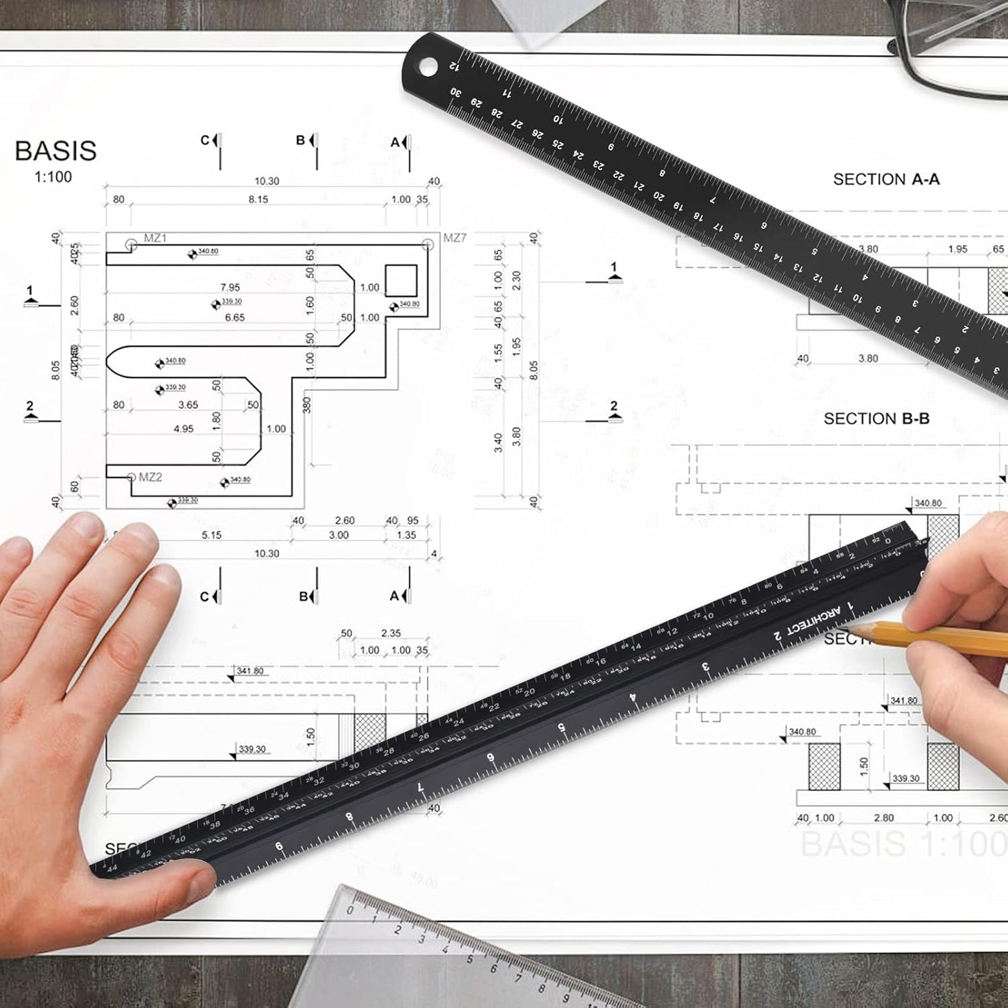 Architectural Scale Ruler with Straight Ruler, 12 Inches Imperial Measurements, Blcak Laser-Etched Aluminum Architect Triangular Ruler for Architects, Engineers, Architects, Students and Draftsman