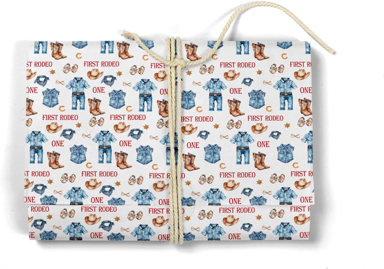 MJSXY Cowboy Wrapping Paper for Boy, My First Rodeo Party Favors with White Cowboy Theme for 1st Birthday, 5 Sheets Western Wrapping Paper 19.6x27.5 Inch, Western Themed Party Decorations