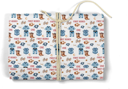 MJSXY Cowboy Wrapping Paper for Boy, My First Rodeo Party Favors with White Cowboy Theme for 1st Birthday, 5 Sheets Western Wrapping Paper 19.6x27.5 Inch, Western Themed Party Decorations