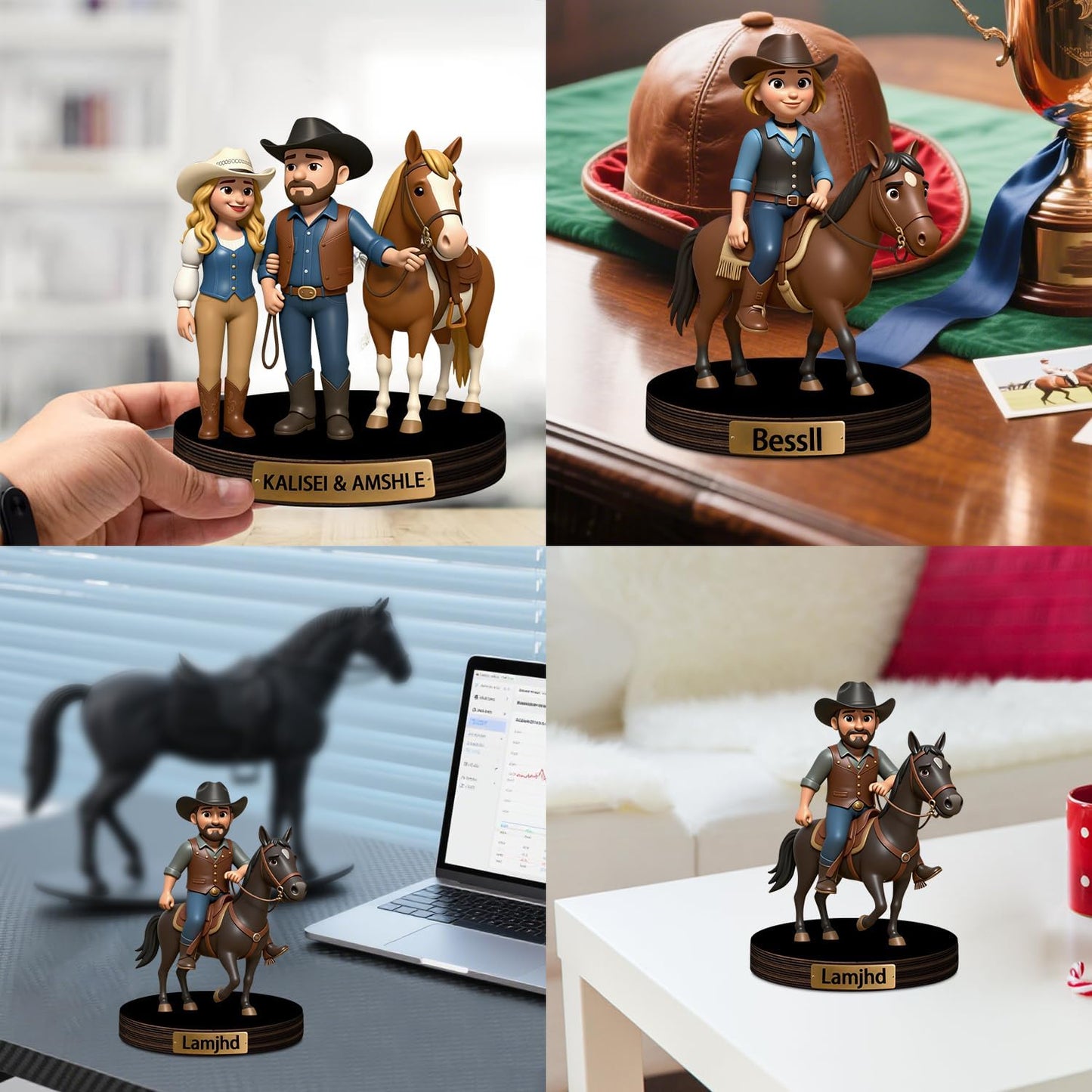 Personalized Horse Racing Cartoon Photo Sculpture Ornament Custom Name 2D Acrylic Horse Rider Photo Figurine Desk Decor Gift for Men Women Family Race Horses Lover Birthday Xmas (Style 6)