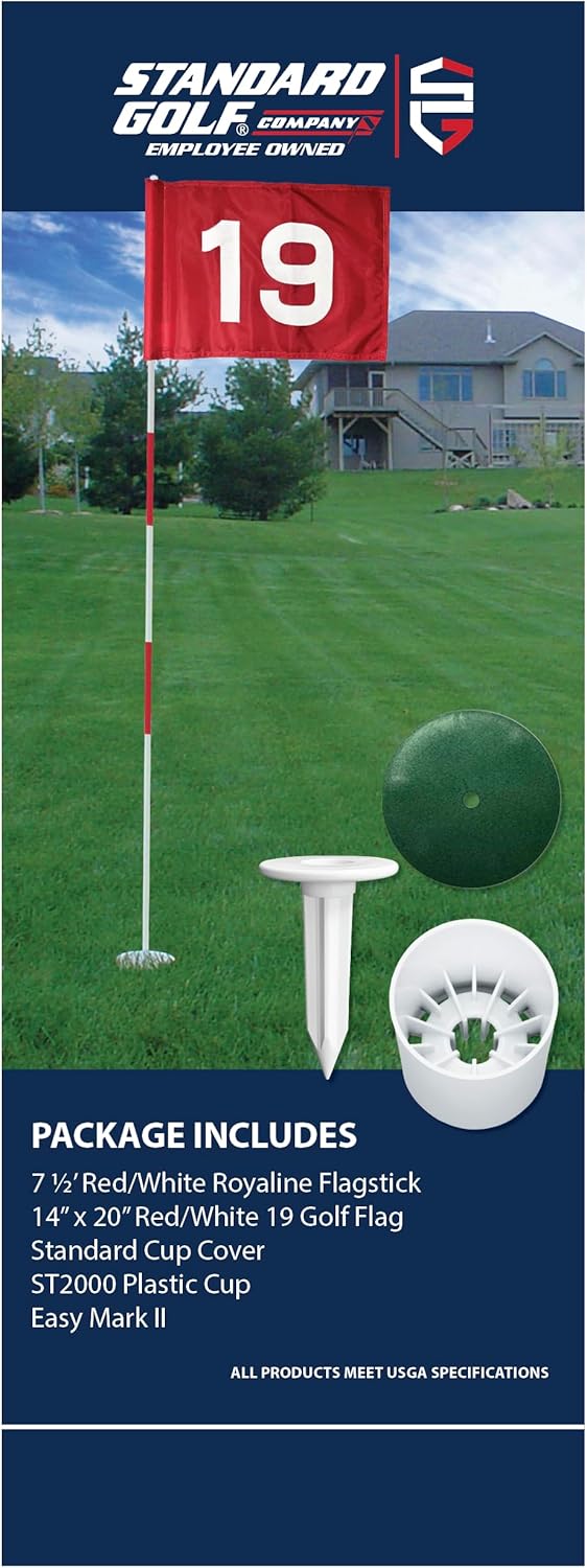 Standard Golf Regulation flagstick, cup & pin flag to use in your backyard or other open space for practice. Use the same products as used by golf courses all over the world and on tour.