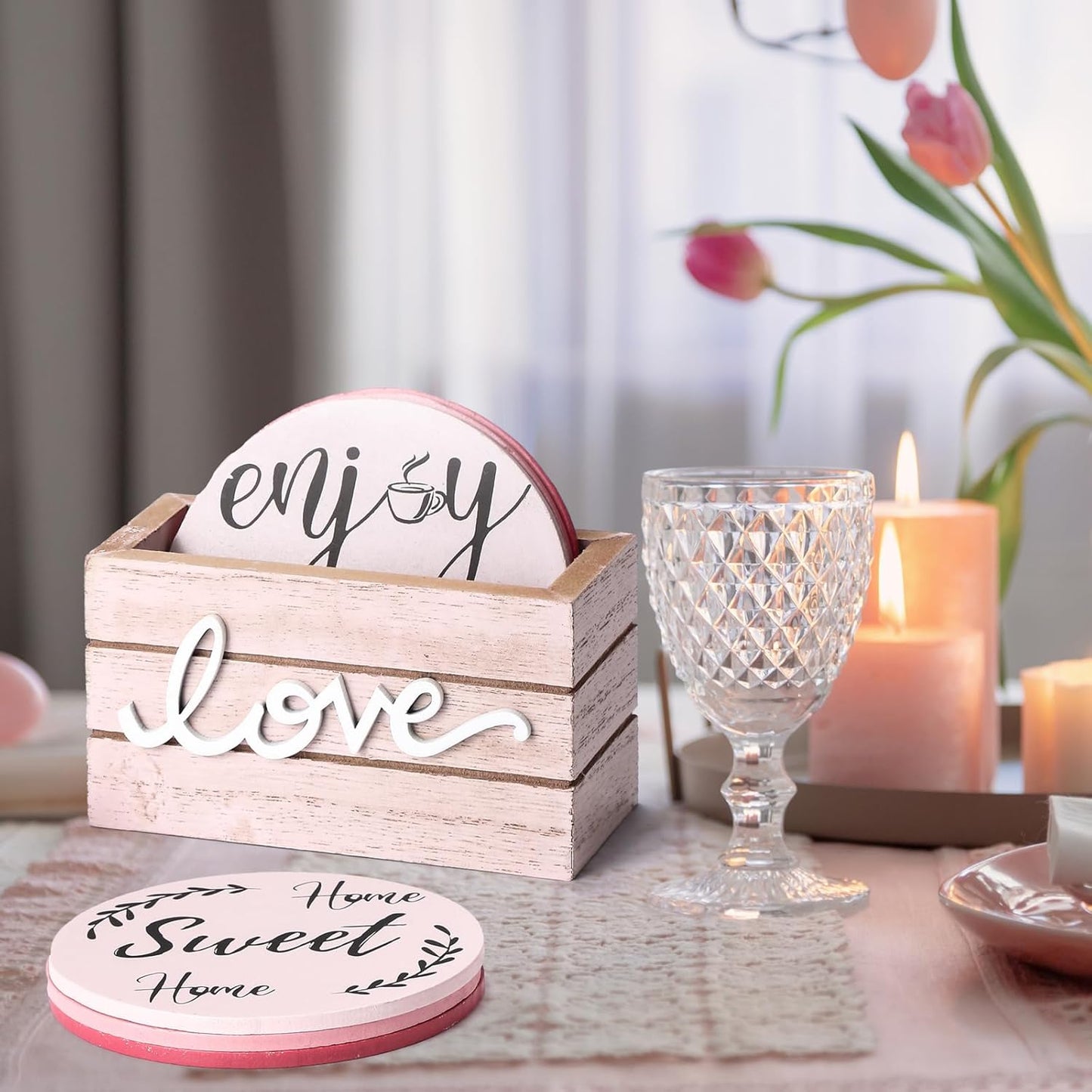 Queekay Housewarming Gifts for Home Decoration Wooden Heart Coasters for Drinks 6 Set Farmhouse Coasters with Holder Funny for Family Coffee Table Protection, 4''(Pink)